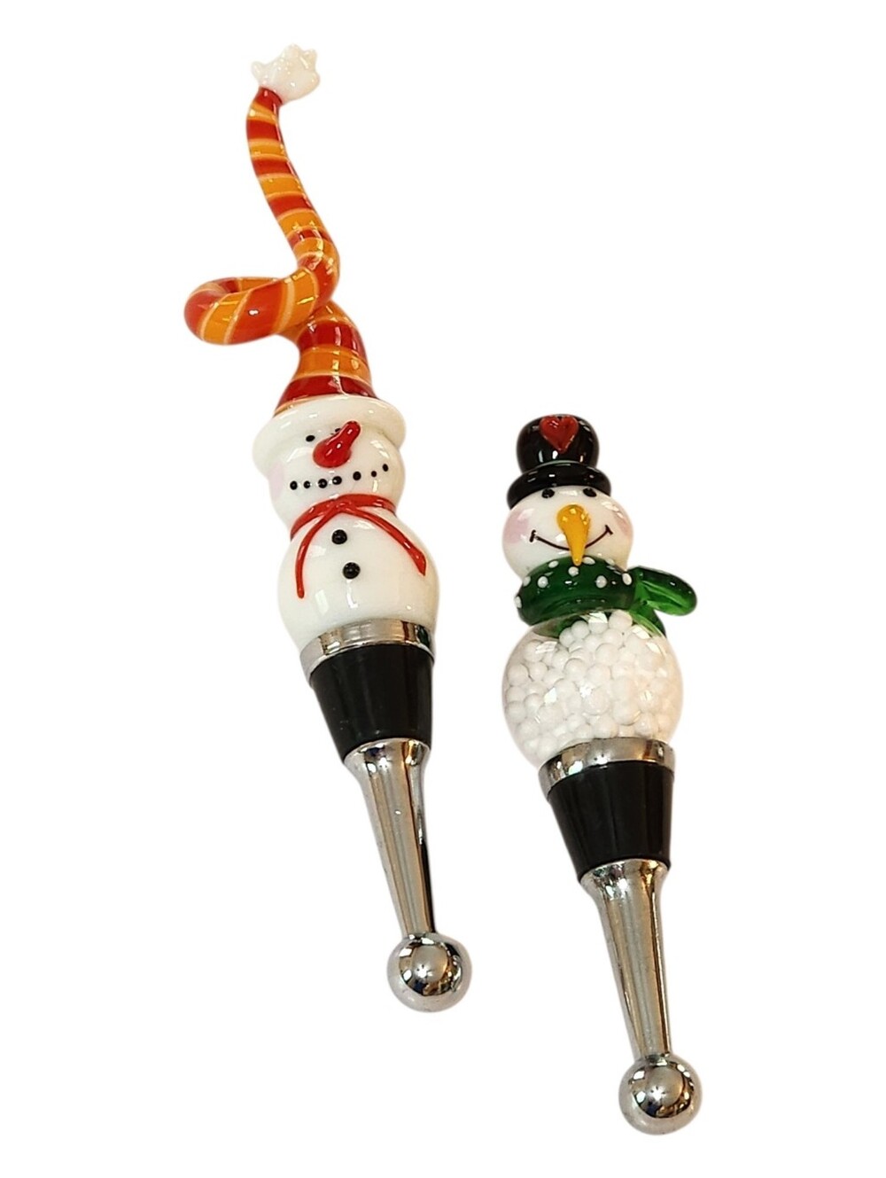 Blown Glass Wine Stopper Lot of 2 Snowman Holiday Christmas Barware Fun Cute